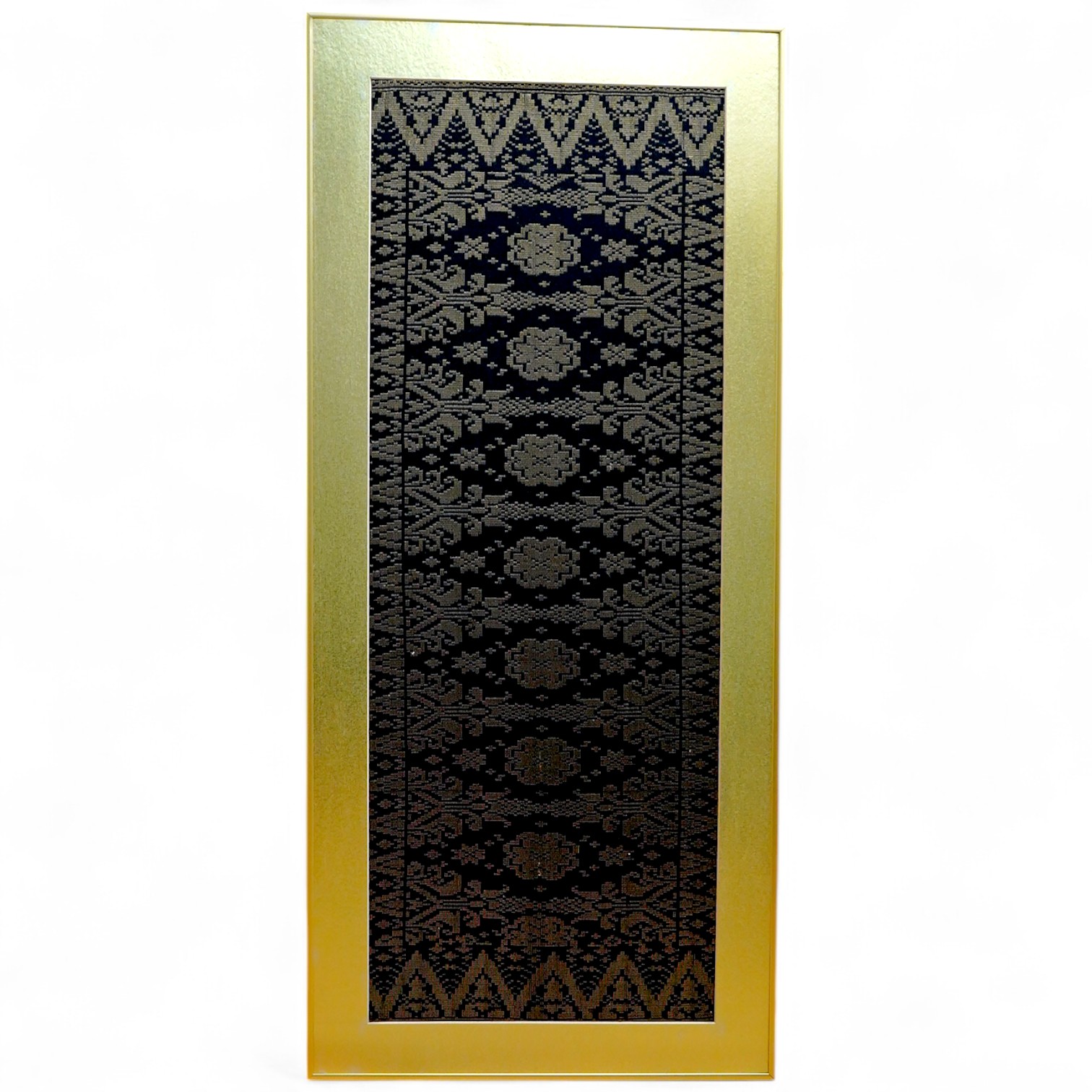 A framed 20th century black and gold brocade sample, possibly Thai 37cm x 97cm.